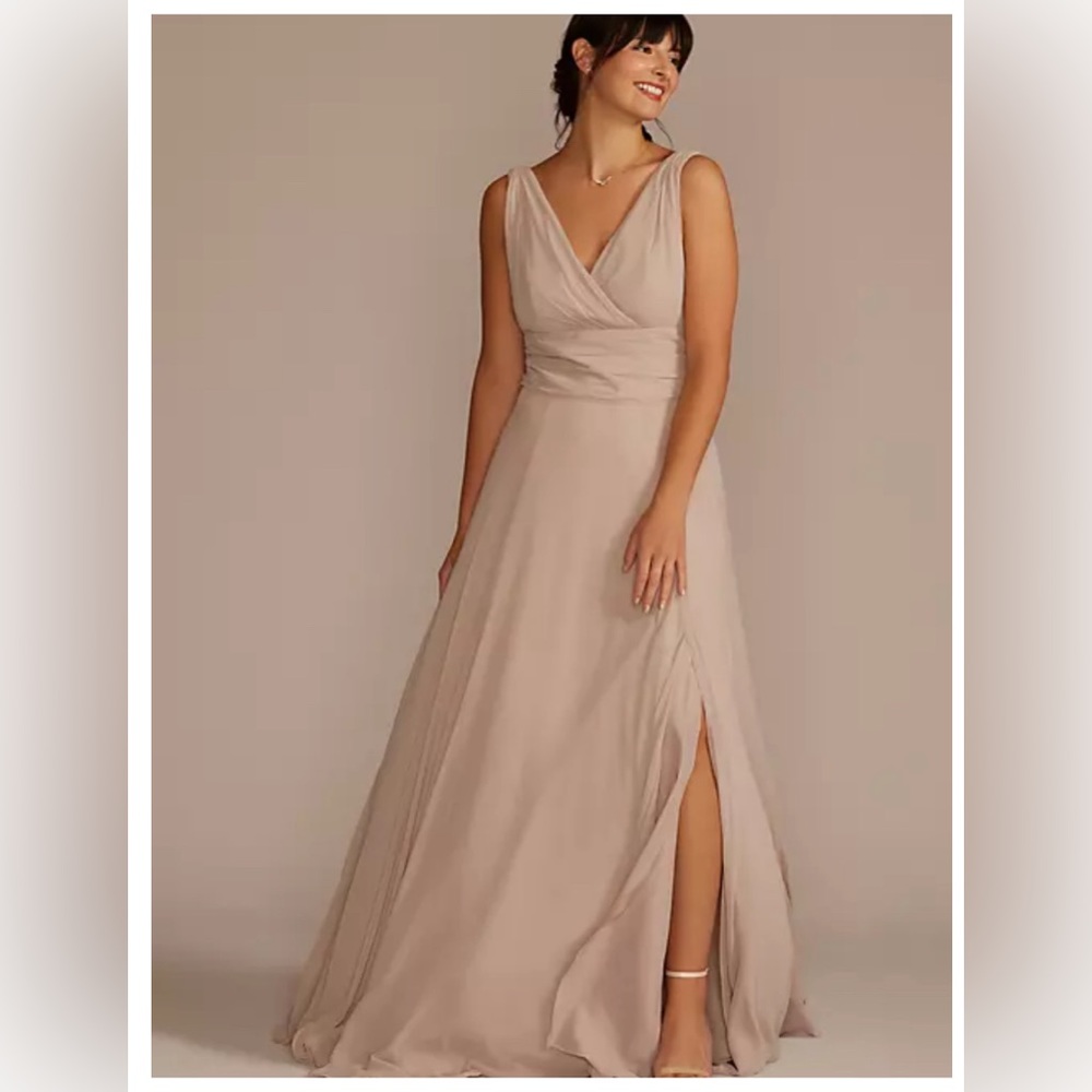 David’s Bridal long chiffon surplice tank bridesmaid dress